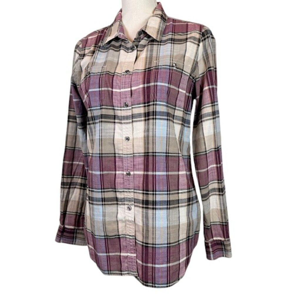 Pendleton Women's Button Front Plaid Shirt Taupe Cream Wine Purple Size Medium